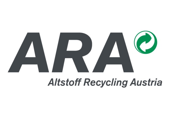 Schriftzug 'ARA' in Gro&szlig;buchstaben mit kleingeschriebener Beschriftung 'Altstoff Recycling Austria' darunter und gr&uuml;nem Pfeilsymbol im Kreis rechts oben