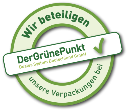 Gr&uuml;nes rundes Logo mit dem Text 'Wir beteiligen unsere Verpackungen bei DerGr&uuml;nePunkt Duales System Deutschland GmbH' und einem gr&uuml;nen H&auml;kchen