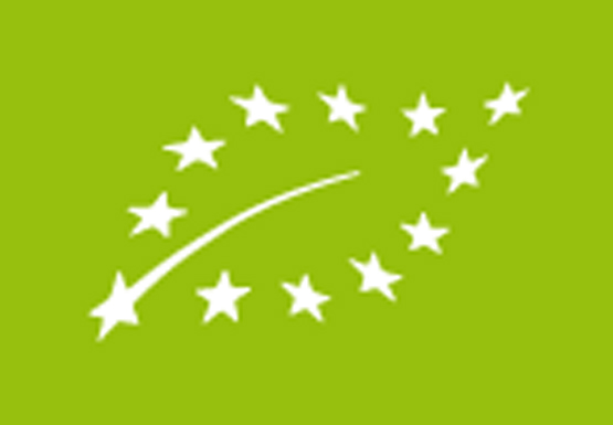 BIO LOGO Gr&uuml;nes Rechteck mit zw&ouml;lf wei&szlig;en Sternen, die einen gebogenen Strich bilden